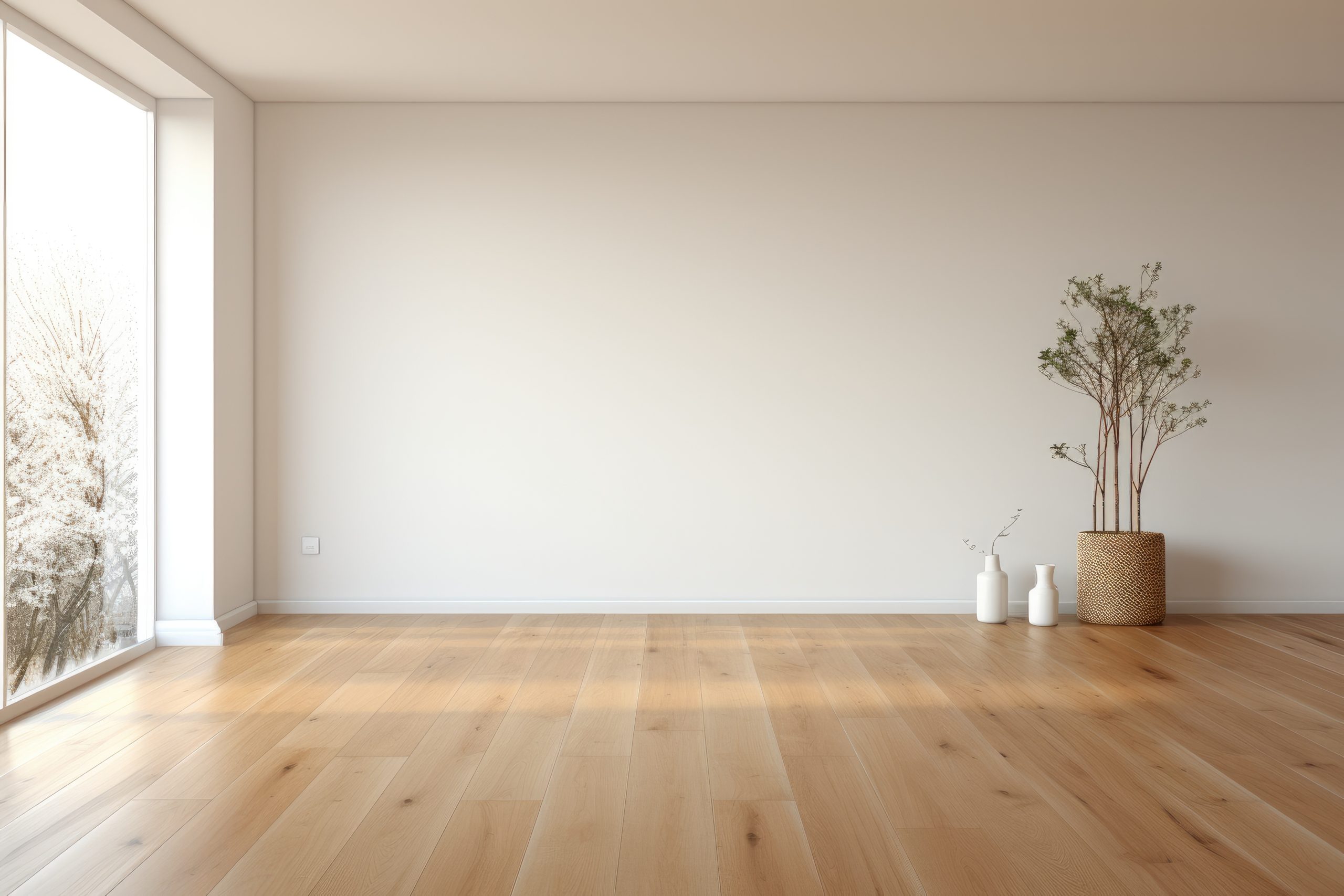 Empty room and wall and wooden floor with interesting with glare from the window. Interior background for the presentation. Generative AI.
