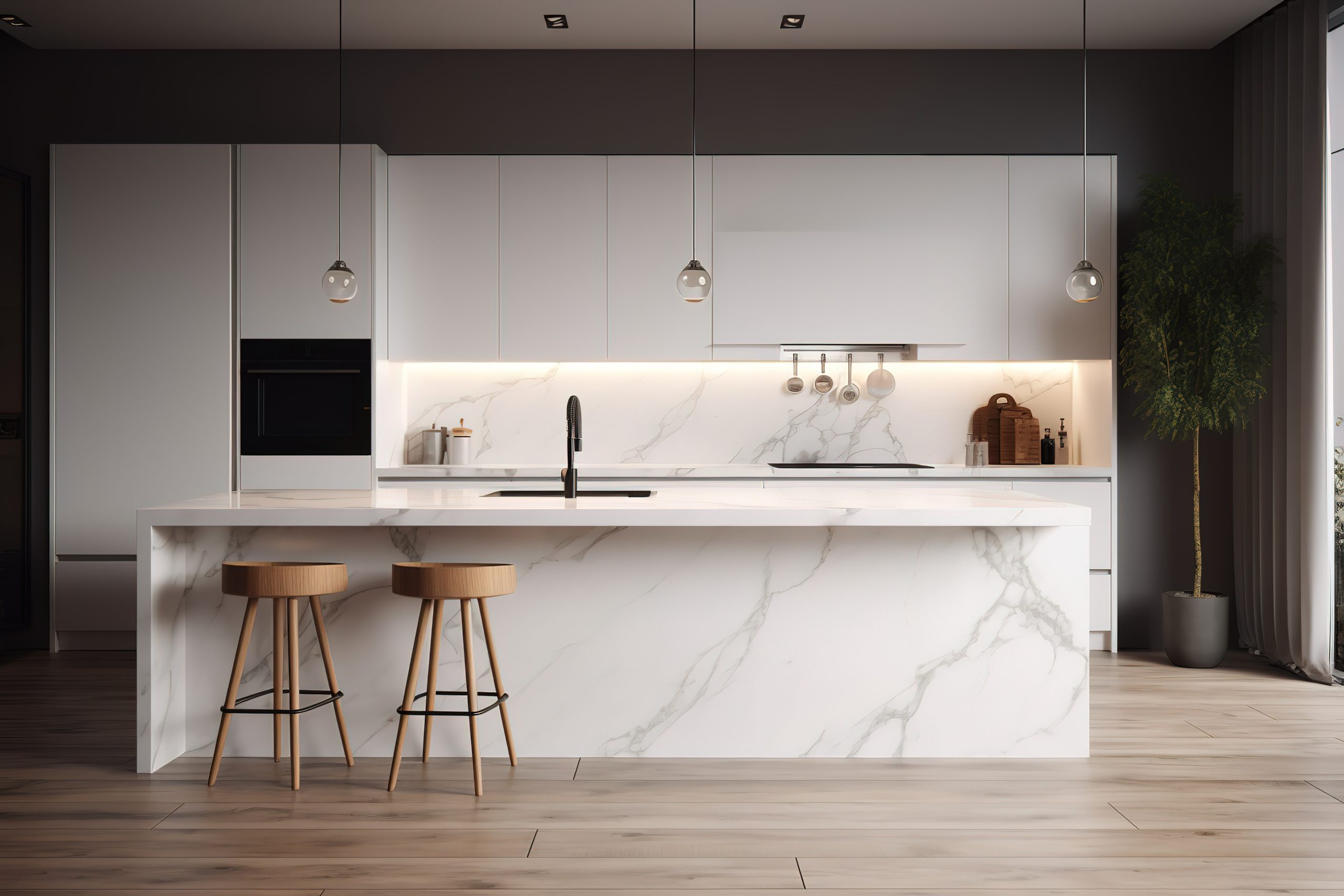 Modern kitchen with black furniture, White marble worktop and backsplash.