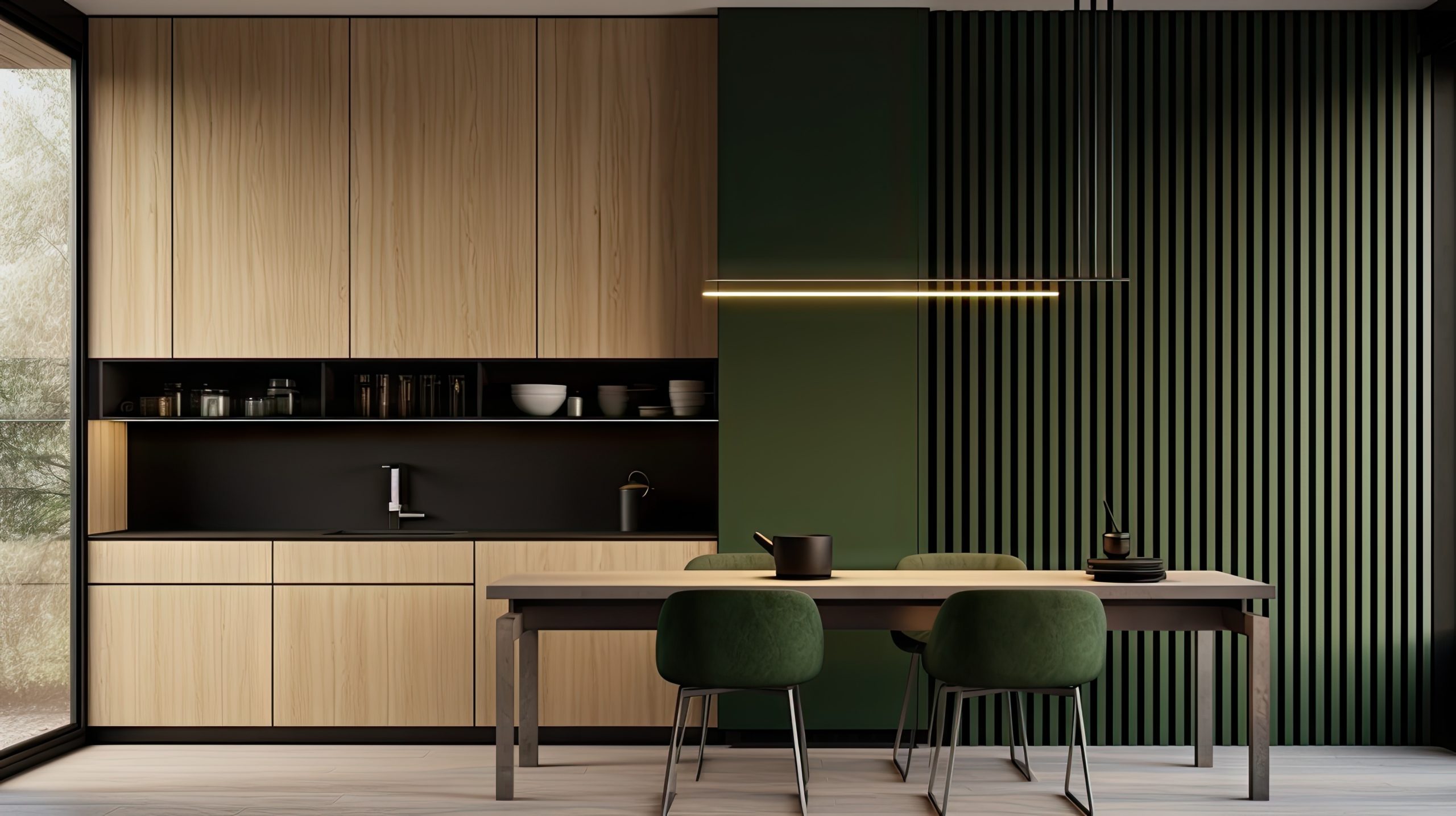 a minimalist interior design with a green kitchen and wood slat wall.