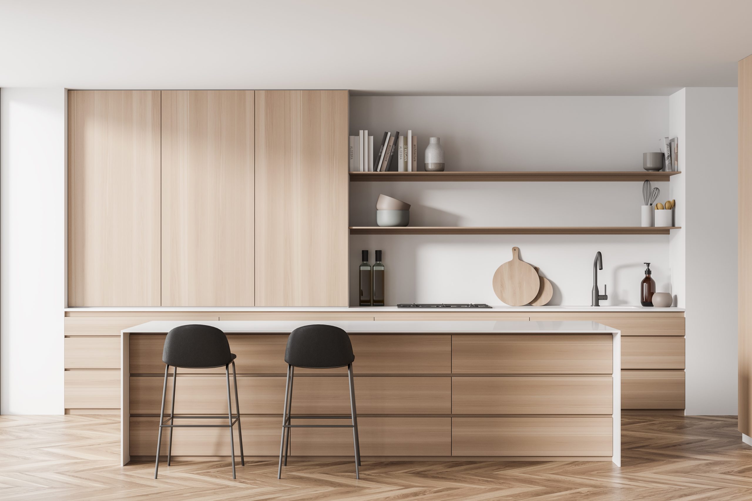 Modern kitchen design, using wood and open shelves. Light white interior with parquet, table and two accent black bar stools. 3d rendering